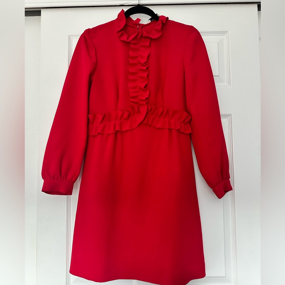 Sandro Red Long Sleeved Ruffle Crepe Dress.